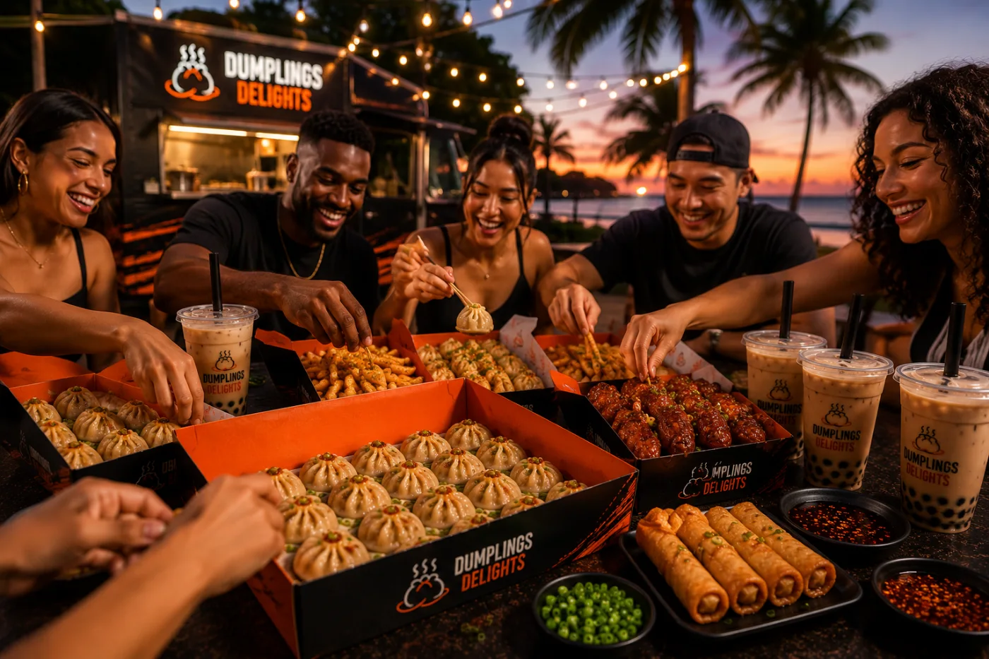 Friends sharing Dumplings Delights boxes at the truck at sunset