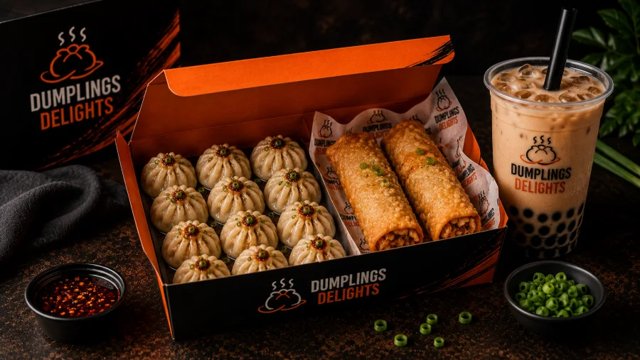 Crunch Box: dumplings and two crispy rolls in a branded box with bubble tea