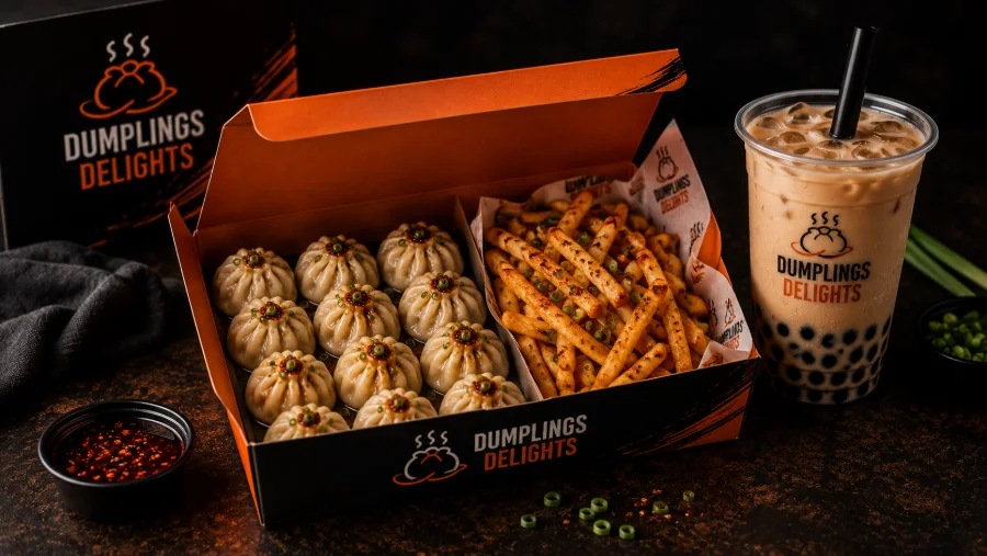 Delight Box: dumplings and seasoned fries in a branded box with bubble tea