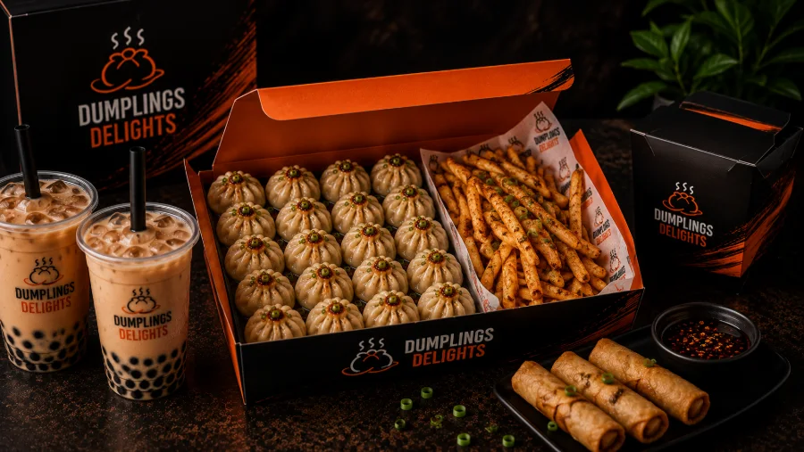 Gather Box: twenty dumplings with fries, two bubble teas and takeout boxes