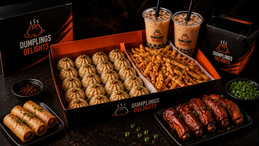 Party Box: feast of dumplings, wings, fries, rolls and bubble teas