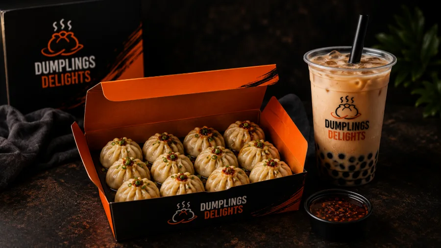 Solo Box: branded box of dumplings with dip and a bubble tea