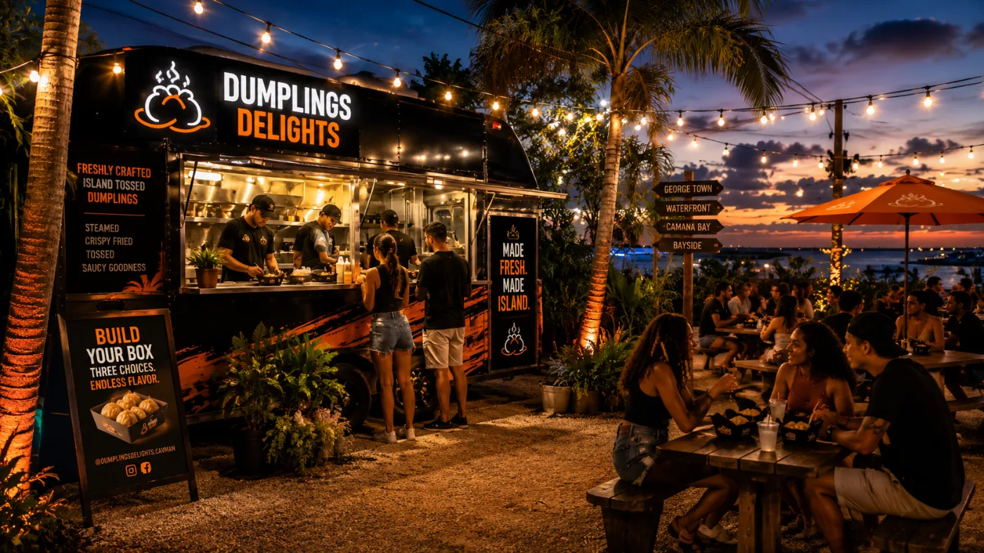 Dumplings Delights truck at golden hour on the George Town waterfront, with palms, string lights and customers dining
