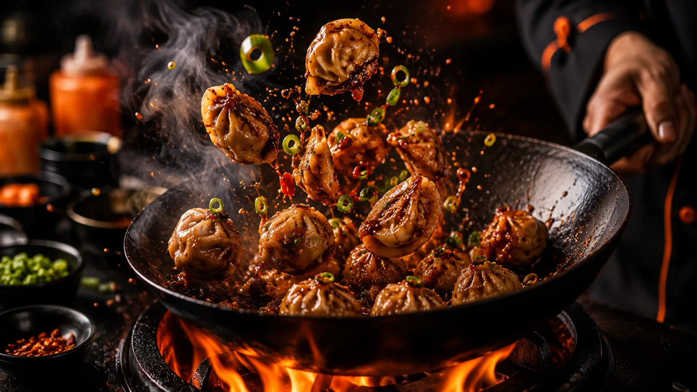 Dumplings tossed in a flaming wok with glossy sauce, scallions and sesame flying