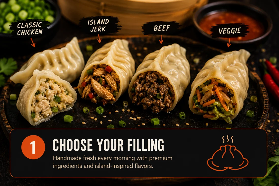 Step 1, choose your filling: four dumplings cut open showing classic chicken, island jerk, beef and veggie fillings