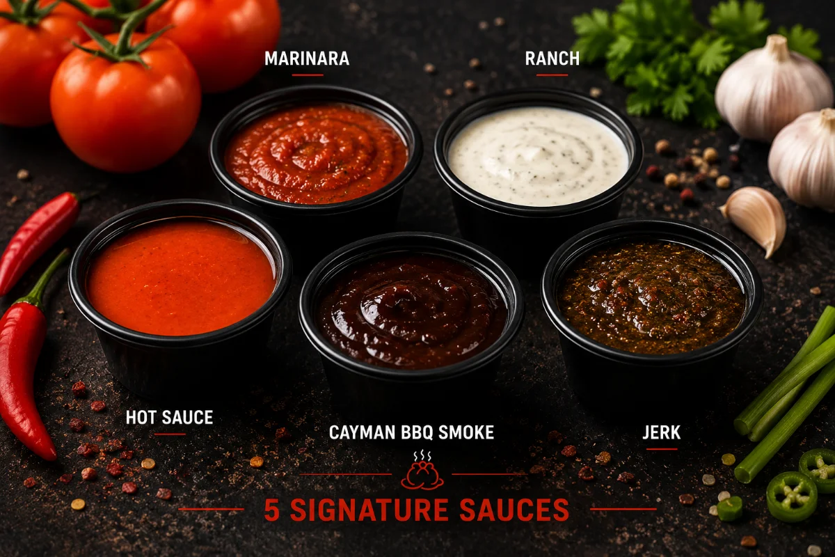 Five signature sauce cups: marinara, ranch, hot sauce, Cayman BBQ smoke and jerk