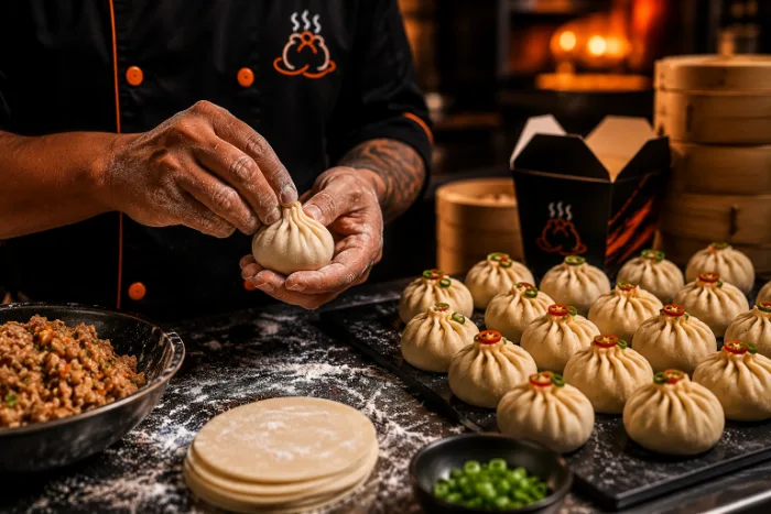 Chef's floured hands folding a fresh dumpling on a dark prep counter