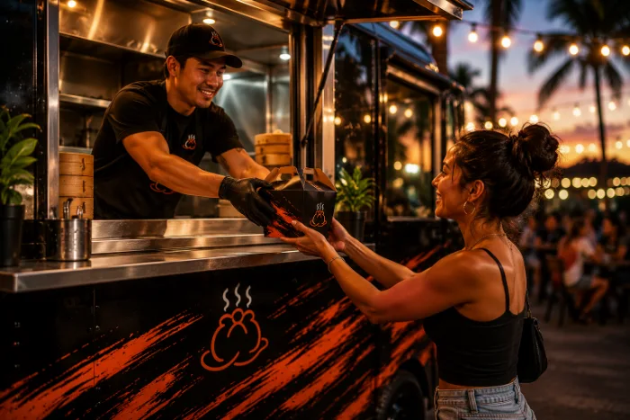 Staff handing a branded takeout box to a customer at the truck window