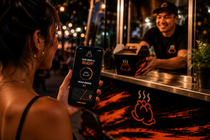 Phone showing the order-ready tracking screen at the truck