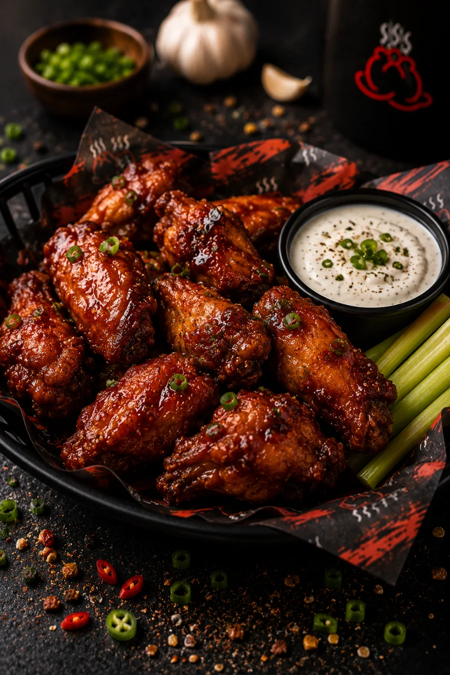 Glazed chicken wings with ranch and celery
